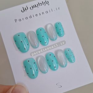 ناخن مصنوعی فرنچ آیس یخی با فیروزه ایی خالخالی